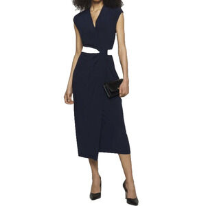 Lauren Ralph Lauren Black Label  Navy White Jersey Knit Belt Midi Dress Women's